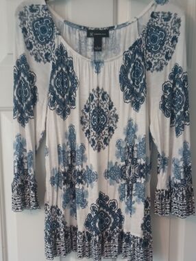 INC International Concepts White Tunic with Blue Medallion Print